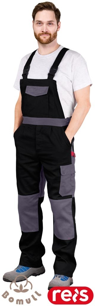 SPODNIE OCHRONNE OGRODNICZKI ROBOCZE BAWEŁNIANE, REGULACJA W PASIE, KIESZENIE NA NAKOLANNIKI, BOMULLX, CZARNO-SZARE