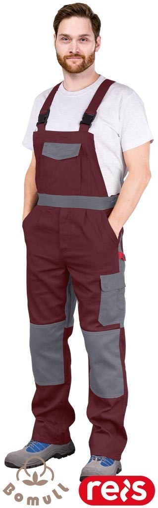 SPODNIE OCHRONNE OGRODNICZKI ROBOCZE BAWEŁNIANE, REGULACJA W PASIE, KIESZENIE NA NAKOLANNIKI, BOMULLX, BORDOWO-SZARE
