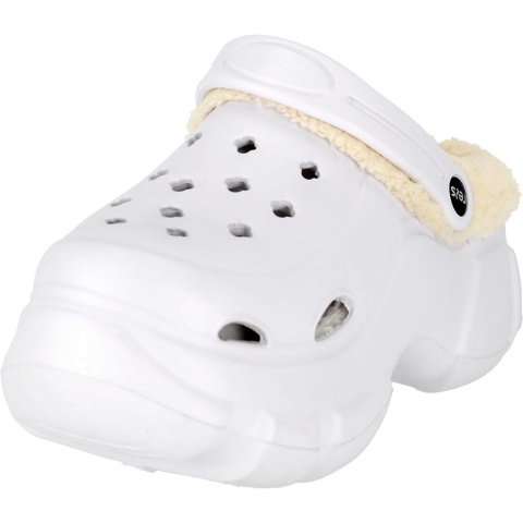 KLAPKI Z TWORZYWA COZY, GRUBA PODESZWA, Z OTWORAMI, OCIEPLANE FUTERKIEM, BIAŁE