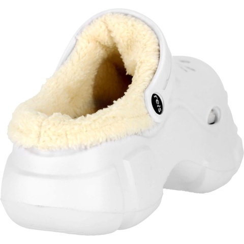 KLAPKI Z TWORZYWA COZY, GRUBA PODESZWA, Z OTWORAMI, OCIEPLANE FUTERKIEM, BIAŁE