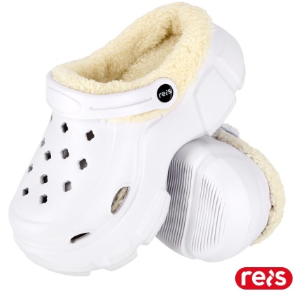 KLAPKI Z TWORZYWA COZY, GRUBA PODESZWA, Z OTWORAMI, OCIEPLANE FUTERKIEM, BIAŁE