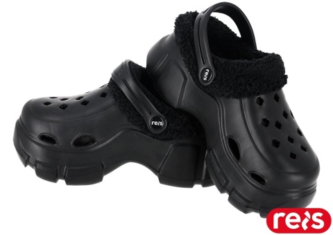 KLAPKI Z TWORZYWA COZY, GRUBA PODESZWA, Z OTWORAMI, OCIEPLANE FUTERKIEM, CZARNE