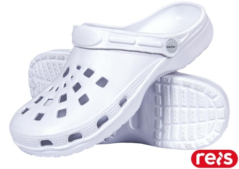 KLAPKI DOTS Z TWORZYWA Z OTWORAMI, Z PASKIEM NA PIĘTĘ BIAŁE