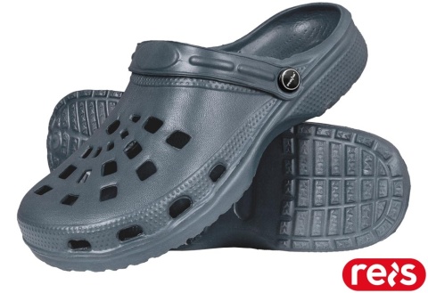 KLAPKI DOTS Z TWORZYWA Z OTWORAMI, Z PASKIEM NA PIĘTĘ SZARE