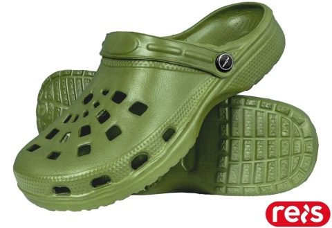 KLAPKI DOTS Z TWORZYWA Z OTWORAMI, Z PASKIEM NA PIĘTĘ OLIWKOWE