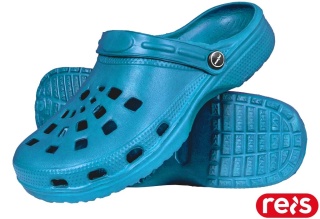 KLAPKI DOTS Z TWORZYWA Z OTWORAMI, Z PASKIEM NA PIĘTĘ JASNONIEBIESKIE