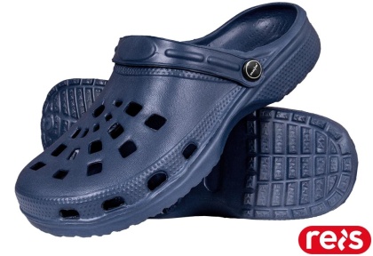 KLAPKI DOTS Z TWORZYWA Z OTWORAMI, Z PASKIEM NA PIĘTĘ GRANATOWE