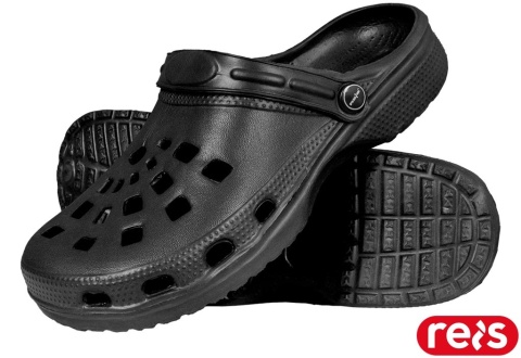 KLAPKI DOTS Z TWORZYWA Z OTWORAMI, Z PASKIEM NA PIĘTĘ CZARNE