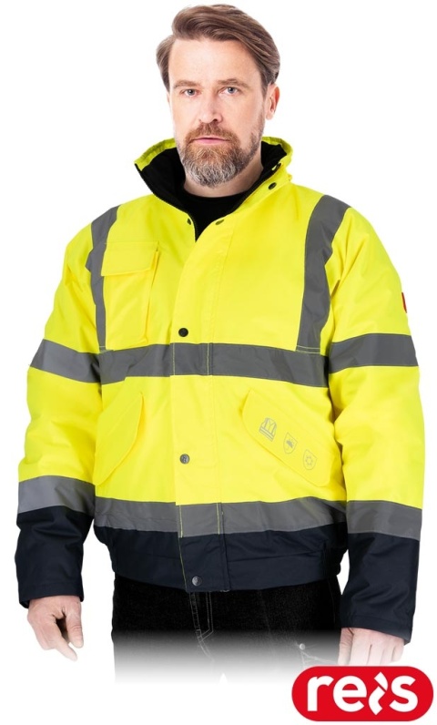 KURTKA OCHRONNA OCIEPLANA BLUE-BOMB, PIKOWANA PODSZEWKA, FLUO-PASY ODBLASKOWE, ŻÓŁTO-GRANATOWA