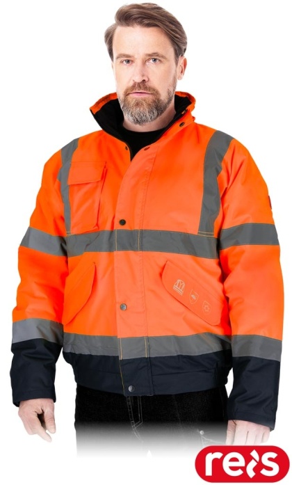 KURTKA OCHRONNA OCIEPLANA BLUE-BOMB, PIKOWANA PODSZEWKA, FLUO-PASY ODBLASKOWE, POMARAŃCZOWO-GRANATOWA