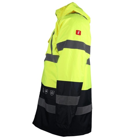 KURTKA OCHRONNA ROBOCZA OCIEPLANA MĘSKA, PIKOWANA PODSZEWKA, FLUO, PASY ODBLASKOWE, ŻÓŁTO-GRANATOWA