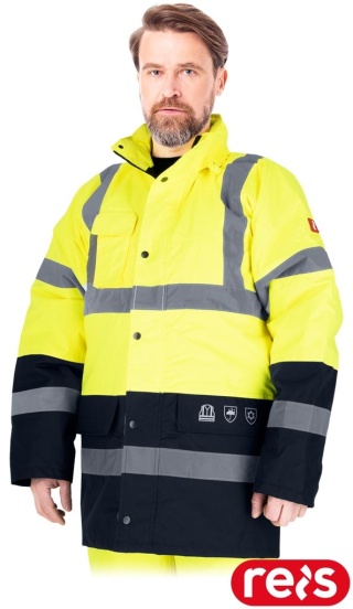 KURTKA OCHRONNA ROBOCZA OCIEPLANA MĘSKA, PIKOWANA PODSZEWKA, FLUO, PASY ODBLASKOWE, ŻÓŁTO-GRANATOWA