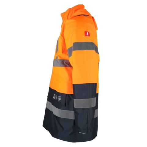 KURTKA OCHRONNA ROBOCZA OCIEPLANA MĘSKA, PIKOWANA PODSZEWKA, FLUO, PASY ODBLASKOWE, POMARAŃCZOWO-GRANATOWA