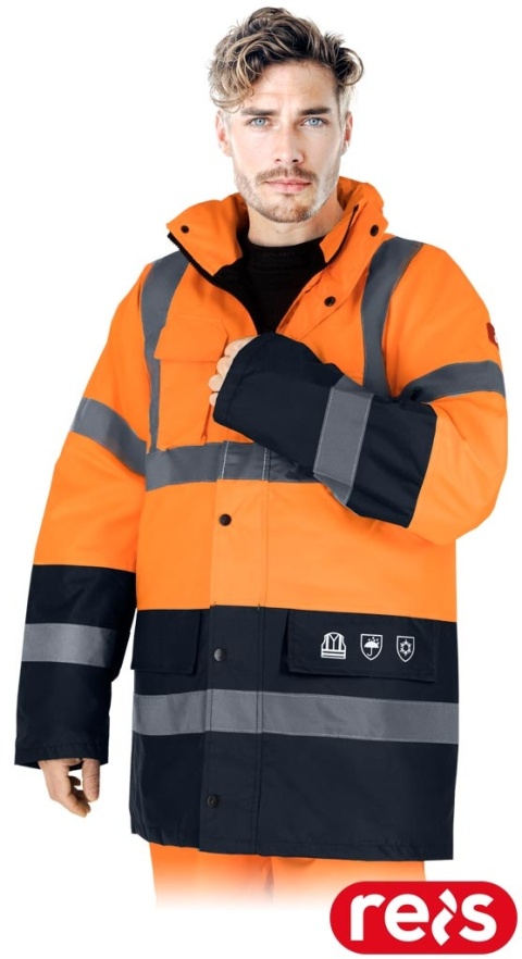 KURTKA OCHRONNA ROBOCZA OCIEPLANA MĘSKA, PIKOWANA PODSZEWKA, FLUO, PASY ODBLASKOWE, POMARAŃCZOWO-GRANATOWA