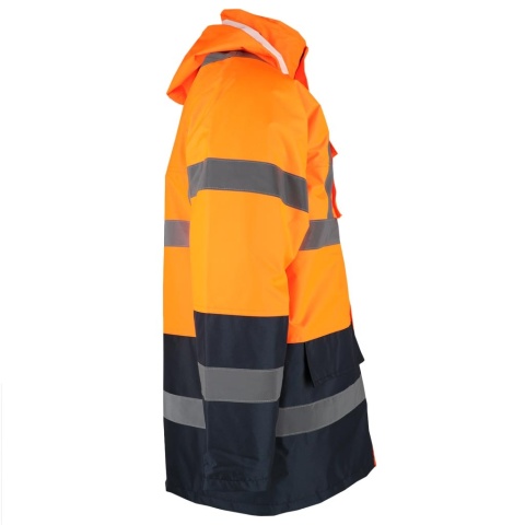 KURTKA OCHRONNA ROBOCZA OCIEPLANA MĘSKA, PIKOWANA PODSZEWKA, FLUO, PASY ODBLASKOWE, POMARAŃCZOWO-GRANATOWA
