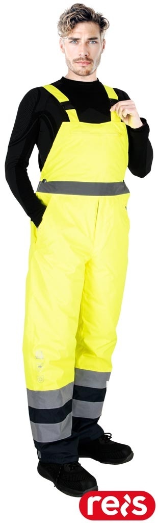 SPODNIE OCHRONNE OGRODNICZKI OCIEPLANE MĘSKIE, FLUO, PASY ODBLASKOWE, DLA DROGOWCÓW ŻÓŁTO-GRANATOWE
