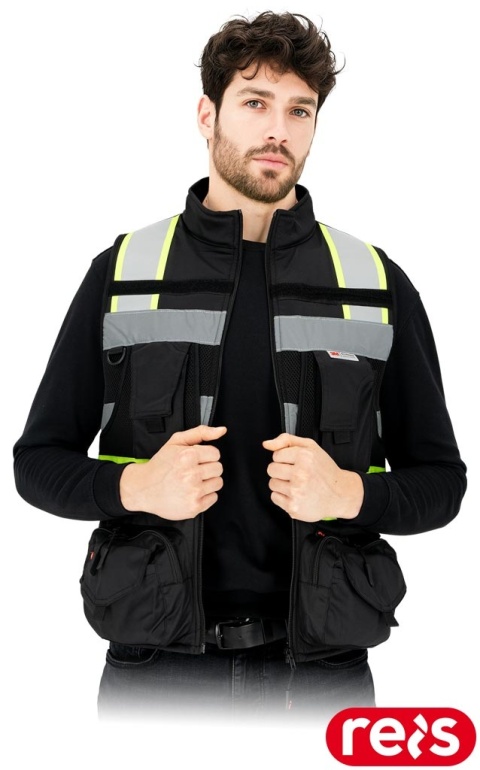 KAMIZELKA OSTRZEGAWCZA TYTAN WSTAWKI Z SIATKI, KIESZENIE, CZARNA