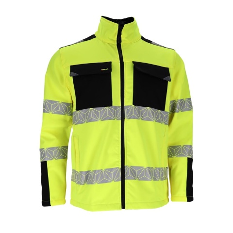 KURTKA OCHRONNA OSTRZEGAWCZA PRIZMAT SOFTSHELL, 4-KIERUNKOWY STRETCH STRECZ, POMARAŃCZOWO-CZARNA