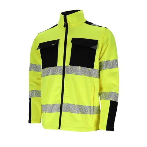 KURTKA OCHRONNA OSTRZEGAWCZA PRIZMAT SOFTSHELL, 4-KIERUNKOWY STRETCH STRECZ, POMARAŃCZOWO-CZARNA