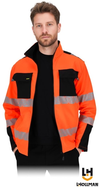 KURTKA OCHRONNA OSTRZEGAWCZA PRIZMAT SOFTSHELL, 4-KIERUNKOWY STRETCH STRECZ, POMARAŃCZOWO-CZARNA