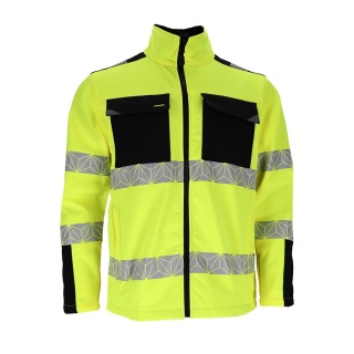 KURTKA OCHRONNA OSTRZEGAWCZA PRIZMAT SOFTSHELL, 4-KIERUNKOWY STRETCH STRECZ, ŻÓŁTO-CZARNA