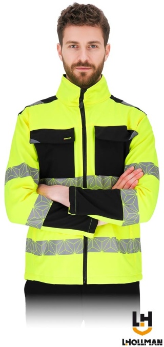KURTKA OCHRONNA OSTRZEGAWCZA PRIZMAT SOFTSHELL, 4-KIERUNKOWY STRETCH STRECZ, ŻÓŁTO-CZARNA