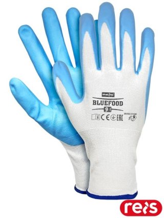 RĘKAWICE OCHRONNE - 6 - BIAŁO-NIEBIESKI BLUEFOOD 12par nylon do kontaktu z żywnością