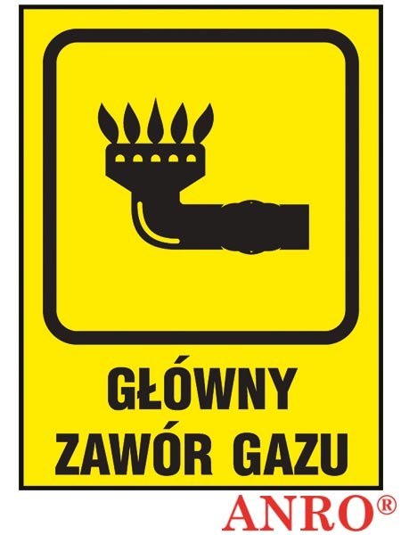 Naklejka samoprzylepna, znak uzupełniający - gaz „Główny zawór gazu" ZNAK BEZPIECZEŃSTWA - 150x205 mm