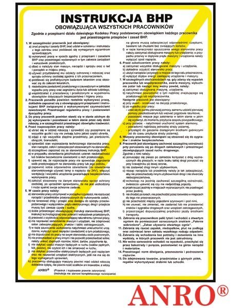 Instrukcja BHP „Instrukcja BHP obowiązująca wszystkich pracowników" ZNAK BEZPIECZEŃSTWA - 250x350 mm PŁYTA PCV