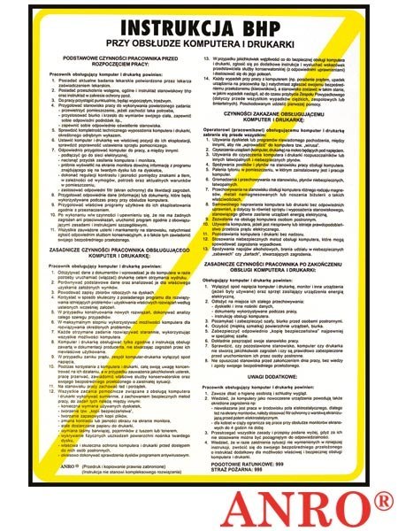 Instrukcja BHP „Instrukcja BHP na stanowisku komputera i drukarki" ZNAK BEZPIECZEŃSTWA - 250x350 mm PŁYTA PCV