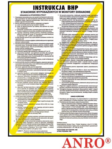 Instrukcja BHP „Instrukcja BHP stanowisk wyposażonych w monitory ekranowe" ZNAK BEZPIECZEŃSTWA - 250x350 mm PŁYT PCV