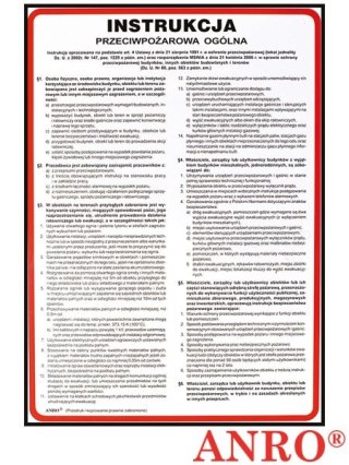 Instrukcja PPOŻ. „Instrukcja przeciwpożarowa ogólna" ZNAK BEZPIECZEŃSTWA - 250x350 mm PŁYTA PCV