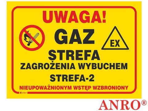 Znak uzupełniający - gaz „Uwaga! Gaz strefa zagrożenia wybuchem z-2 (...)" ZNAK BEZPIECZEŃSTWA - 250x350 mm PŁYTA PCV