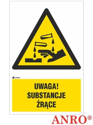 Naklejka samoprzylepna, znak BHP „Uwaga! Substancje żrące" ZNAK BEZPIECZEŃSTWA - 200x300 mm