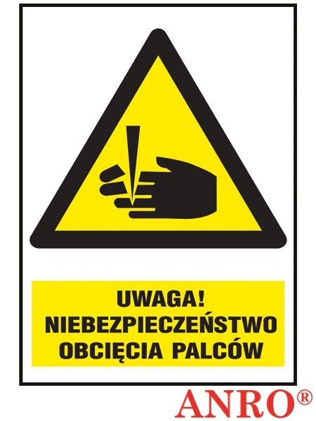 Naklejka samoprzylepna, znak BHP „Uwaga! Niebezpieczeństwo obcięcia palców" ZNAK BEZPIECZEŃSTWA - 220x300 mm
