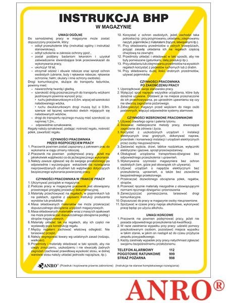Instrukcja BHP „Instrukcja bezpieczeństwa i higieny pracy w magazynach ZNAK BEZPIECZEŃSTWA - 250x350 mm PŁYTA PCV