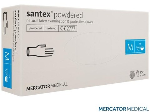 RĘKAWICE LATEKSOWE 8% VAT SANTEXFT FINGERTIP TEXTURED PUDROWANE SKROBIĄ, GANINETY WETERYNARYJNE, DO KONTAKTU Z ŻYWNOŚCIĄ, XS
