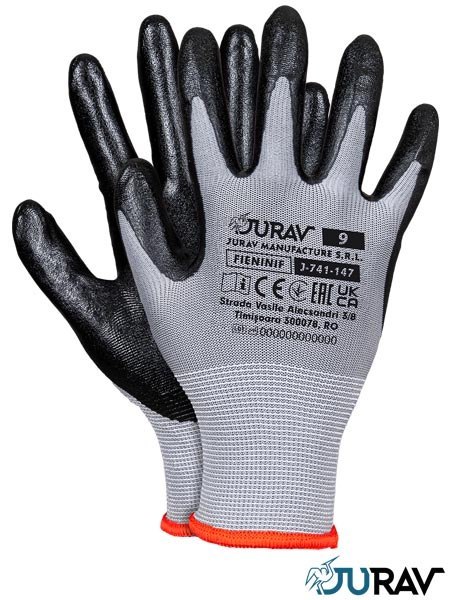 RĘKAWICE OCHRONNE FIENINIF J-741-147 - 9 - SZARO-CZARNY, 12 par nitryl