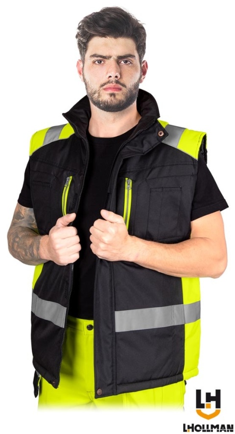 BEZRĘKAWNIK OCHRONNY OCIEPLANY, PASY ODBLASKOWE CZARNO-SELEDYNOWY