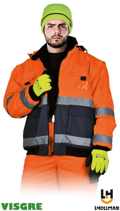 KURTKA OCHRONNA OCIEPLANA ODBLASKI VIBER 2W1 ODPINANE RĘKAWY POMARAŃCZOWO-GRANATOWA