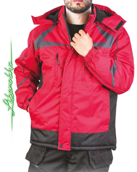 KURTKA OCHRONNA OCIEPLANA POLAREM ZEALAND, ZE STÓJKĄ, ODPINANY KAPTUR, CZERWONO-CZARNA