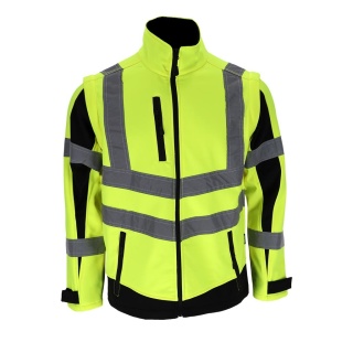 KURTKA 2w1 OCHRONNA SOFTSHELL KURTKA I KAMIZELKA FLUO DLA DROGOWCÓW, ODPINANE RĘKAWY ŻÓŁTO-CZARNA