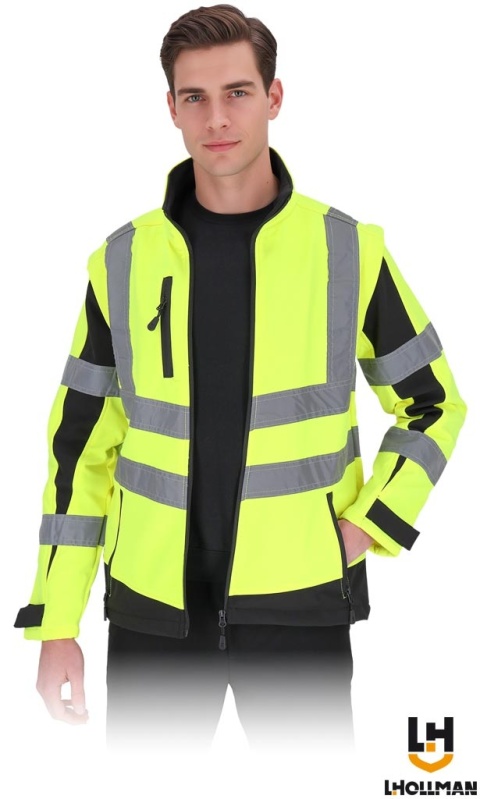 KURTKA 2w1 OCHRONNA SOFTSHELL KURTKA I KAMIZELKA FLUO DLA DROGOWCÓW, ODPINANE RĘKAWY ŻÓŁTO-CZARNA
