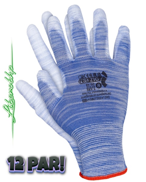 RĘKAWICE OCHRONNE ZIG NIEBIESKIE POWLEKANE POLIURETANEM ELASTYCZNE DO PRECYZYJNYCH PRAC, 12PAR