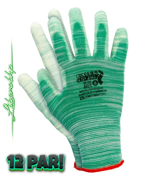 RĘKAWICE OCHRONNE ZIG ZIELONE POWLEKANE POLIURETANEM ELASTYCZNE DO PRECYZYJNYCH PRAC, 12PAR