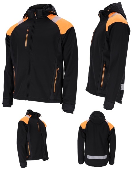 KURTKA OCHRONNA WIND SOFTSHELL, STÓJKA OCIEPLANA POLAREM, TROCZKI, ZAMEK CZARNO-POMARAŃCZOWA