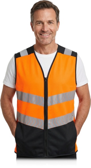 KAMIZELKA OSTRZEGAWCZA ODBLASKOWA ZAPINANA NA ZAMEK POMARAŃCZOWO CZARNA