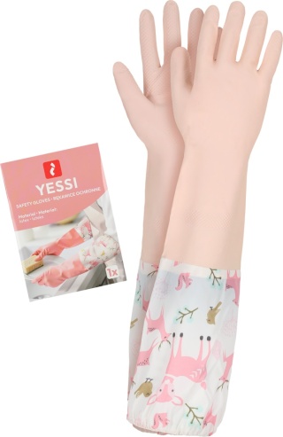 Rękawice ochronne YESSI 48 cm długie lateksowe różowe do sprzątania detergenty antypoślizgowe