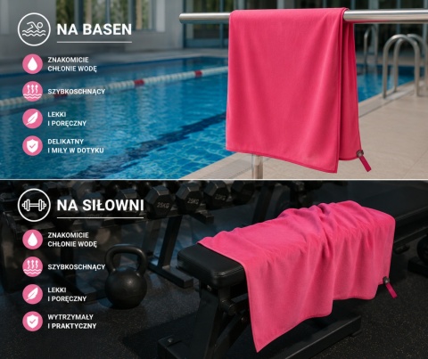 Ręcznik Sportowy z Mikrofibry Szybkoschnący Na Basen Siłownię Lekki 80x150 cm różowy